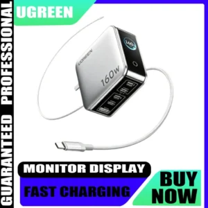 Cargador rápido UGREEN de 160 W GaN con pantalla, 5 puertos USB-C PD QC, 140 W máx. para carga de portátiles, tabletas, teléfonos, viajes y ordenadores de sobremesa.