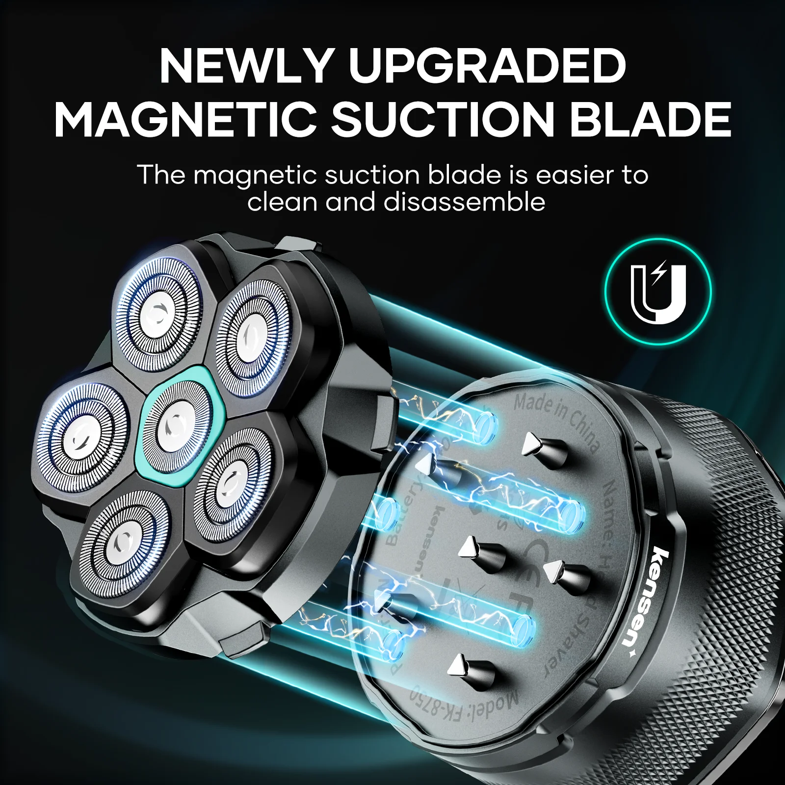 Afeitadora eléctrica para cabeza KENSEN para hombres calvos, maquinilla magnética 6D, recortadora de barba, recargable por USB, pantalla LED, resistente al agua. - Imagen 3