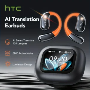 Auriculares inalámbricos HTC NE27 con Bluetooth 5.4, traductor de IA, gancho para la oreja iluminado, pantalla táctil LCD mejorada y cancelación de ruido ENC.