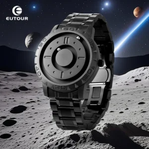 Relojes EUTOUR para hombre, magnéticos, de cuarzo, resistentes al agua, con correa de cuero, acero inoxidable y esfera negra, estilo deportivo y moderno.