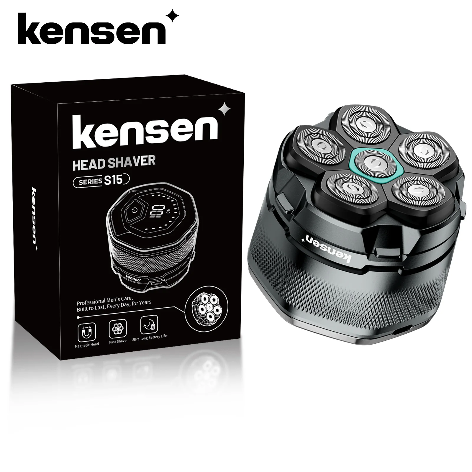 Afeitadora eléctrica para cabeza KENSEN para hombres calvos, maquinilla magnética 6D, recortadora de barba, recargable por USB, pantalla LED, resistente al agua.