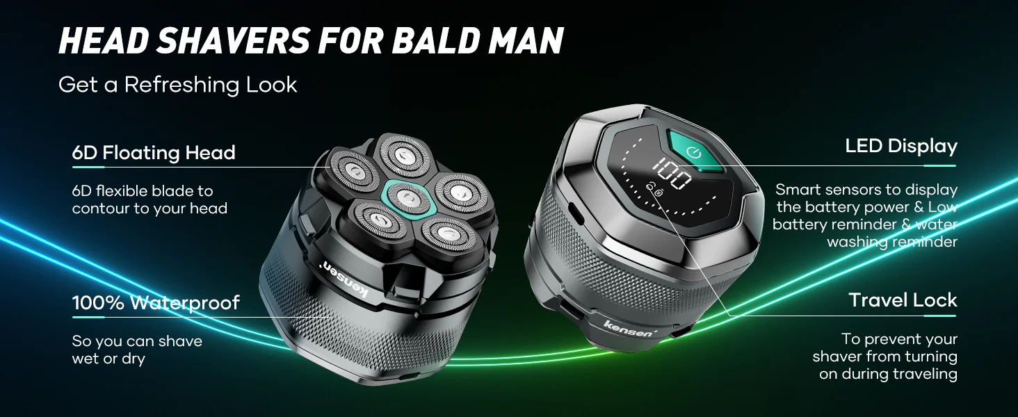 Afeitadora eléctrica para cabeza KENSEN para hombres calvos, maquinilla magnética 6D, recortadora de barba, recargable por USB, pantalla LED, resistente al agua. - Imagen 9